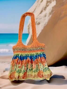 BLUE MIAMI Boho Hippie Slouchy Fabric Crochet Orange Green Tote Beach Purse Bag